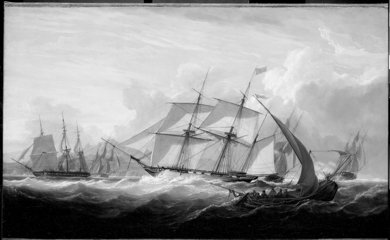 里斯本（葡萄牙）海岸外的 HMS "哥伦拜恩 "号和其他船只。 帆布油画 作者 约翰·克里斯蒂安·史凯基