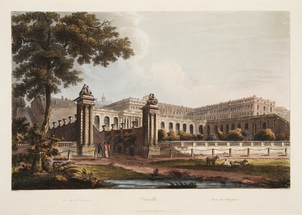 来自The Orangerie的凡尔赛宫，凡尔赛宫，巴黎和圣丹尼斯，酒吧的插图。 1805（aquatint） 作者 约翰·克劳德·纳特斯