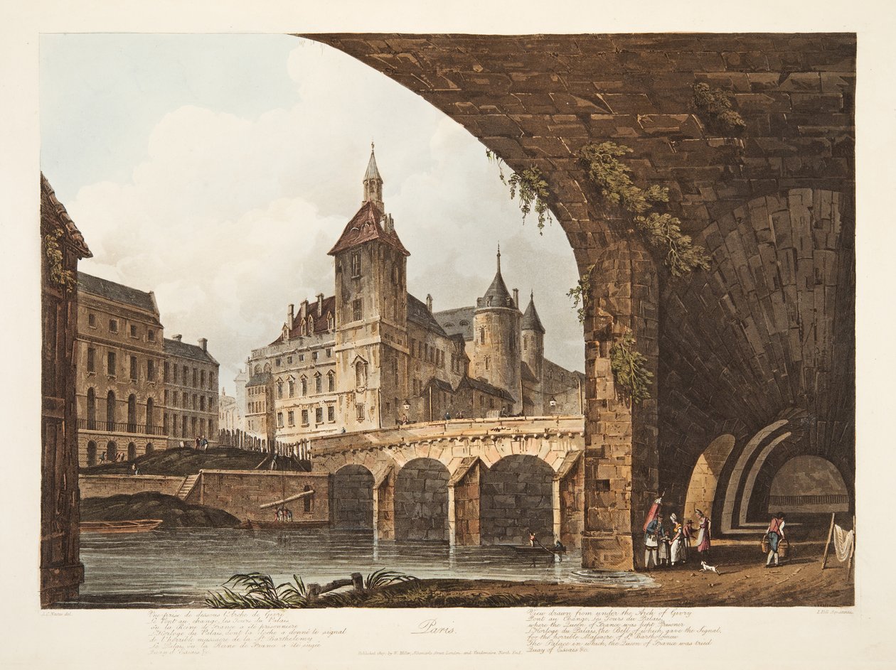 Pont-au-Change，Tour de lHorloge和Conciergerie的视图，从凡尔赛宫，巴黎和圣丹尼斯，酒吧的插图。 1807（aquatint） 作者 约翰·克劳德·纳特斯