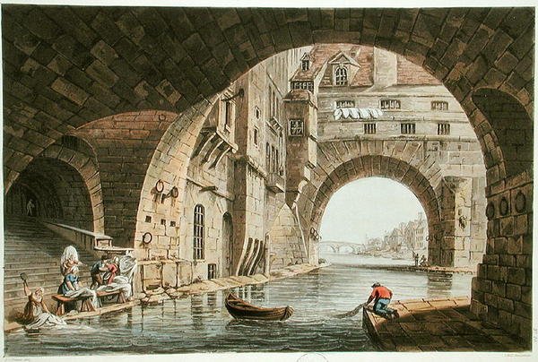 Hotel-Dieu和Pont de la Tournelle的洗涤场所，由I. Hill，1810年雕刻（aquatint） 作者 约翰·克劳德（John Claude）