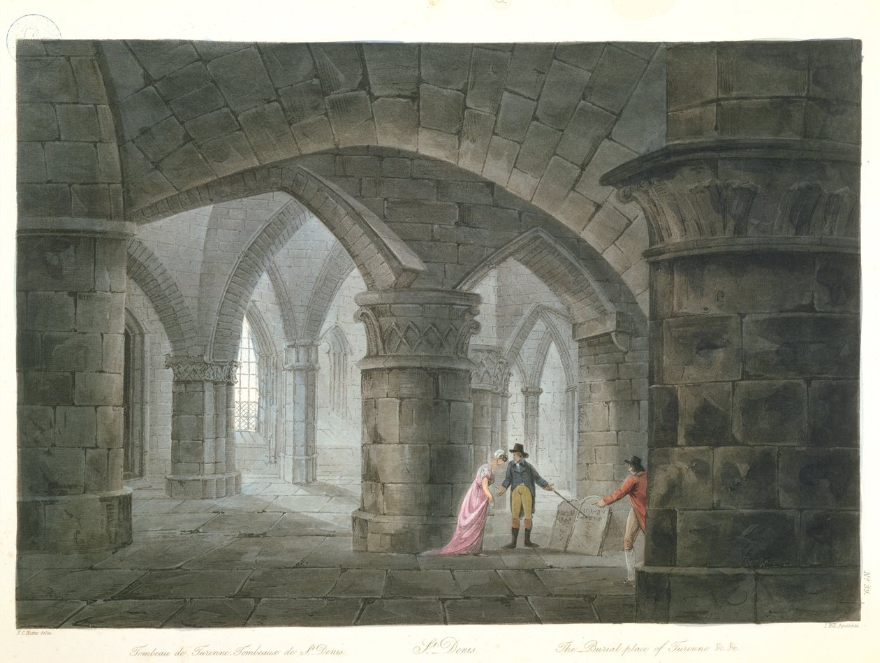 游客参观Henri de La Tour dAuvergne墓（1611-75）Vicomte de Turenne位于Saint-Denis教堂的地下室，1809年（彩色雕刻） 作者 约翰·克劳德（John Claude）