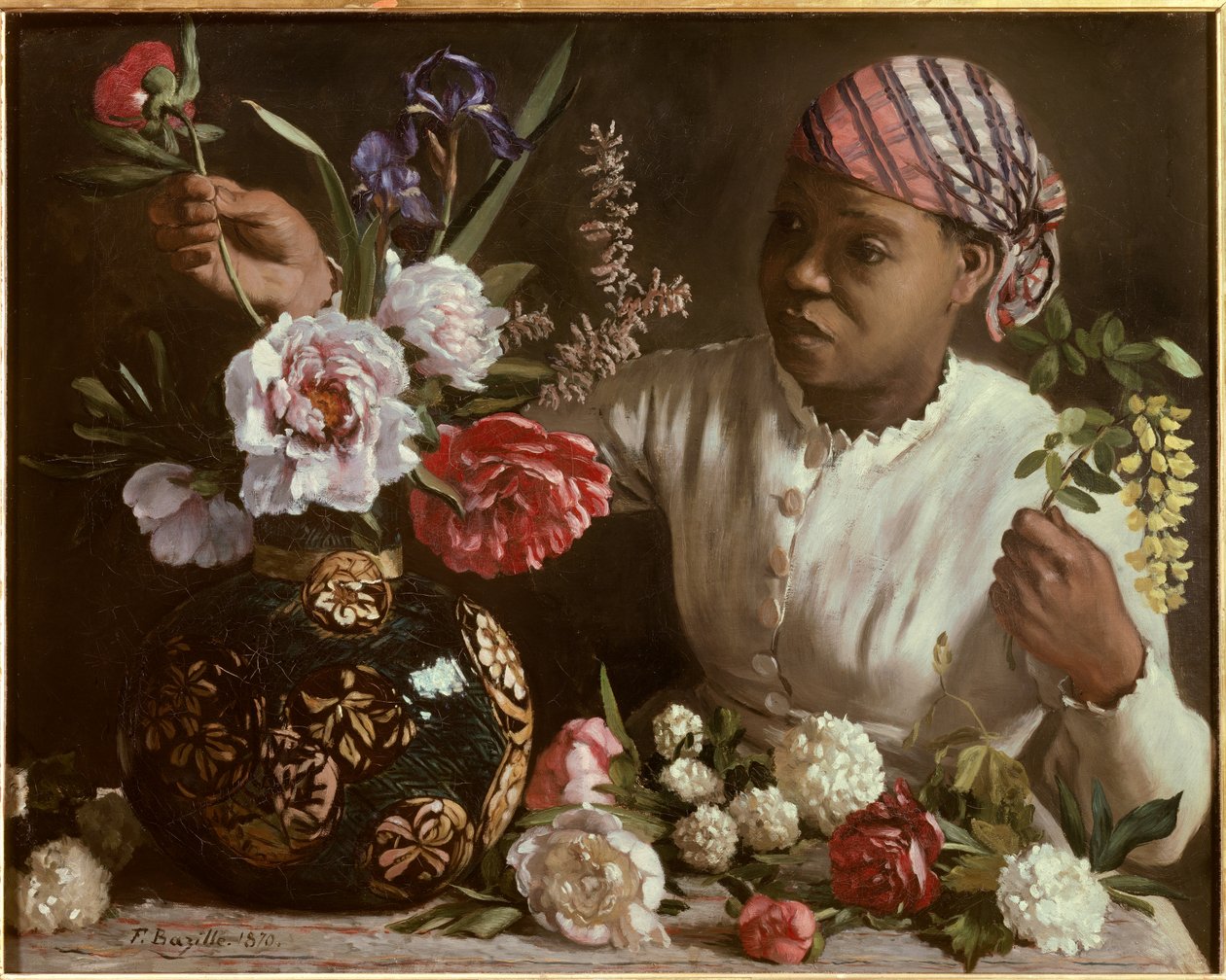 La negresse aux peonines Painting by Frederic Bazille (1841-1870) 1870 Dim. 0,6x0,75 m Montpellier, musee Fabre - The black woman with peonies. Painting by Frederic Bazille (1841-1870) 作者 约翰·克莱顿·亚当斯