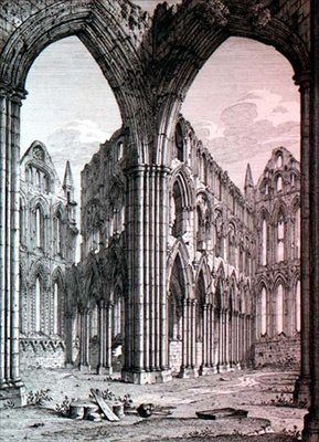约克郡惠特比修道院，插图来自J.D. Harding的《英国修道院和大教堂景观》，约1815年（蚀刻画）。 作者 约翰·康尼