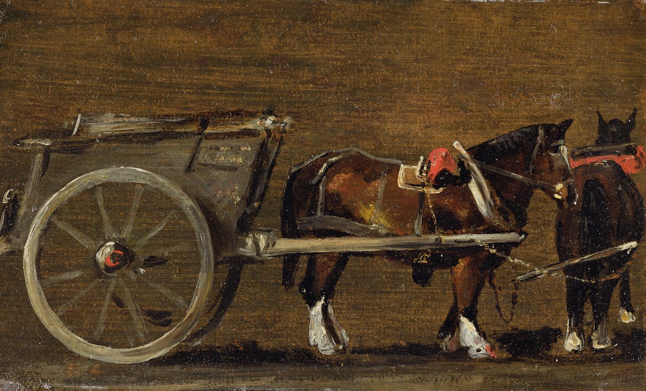 一辆带有两匹马的农用车：“Stour Valley and Dedham Village，1814”中的购物车研究（船上油画） 作者 约翰·康斯特勃