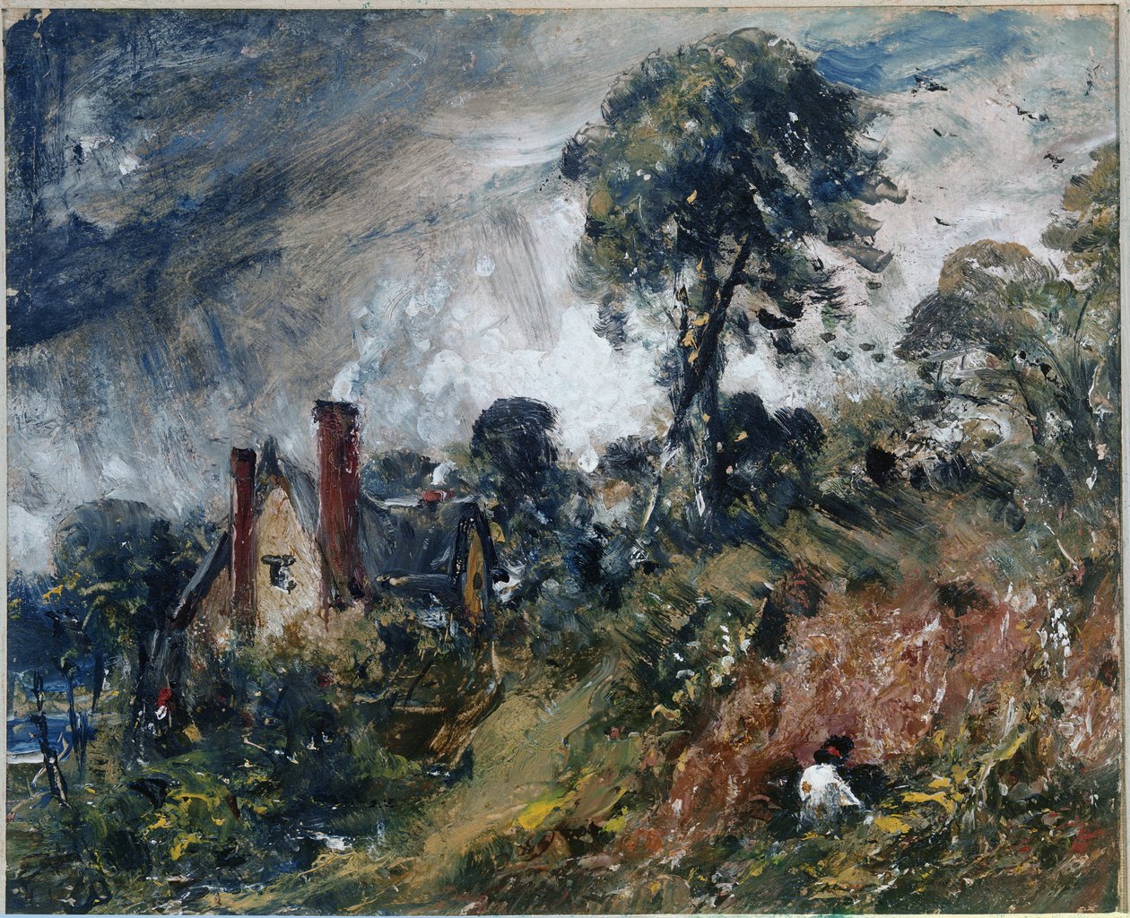 A cottage among trees, with a sandbank (oil on canvas 作者 约翰·康斯特勃