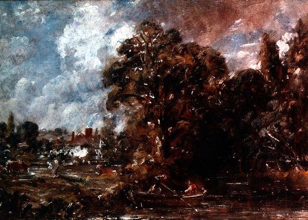 靠近水边的农舍的河景，约1830-36（油画） 作者 约翰·康斯特勃