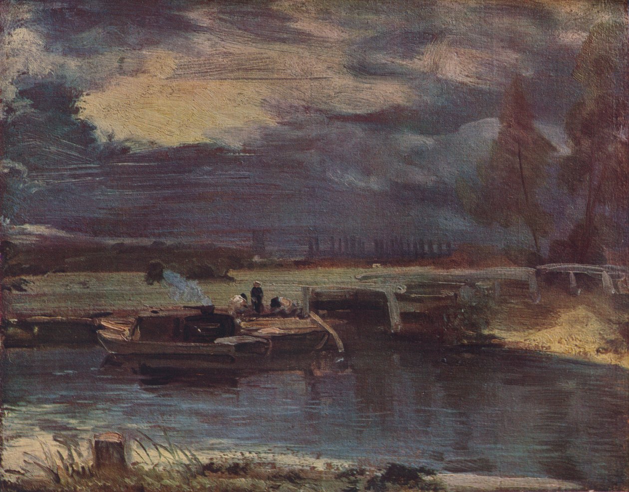登船驳船，远处有戴德姆教堂，c1811 作者 约翰·康斯特勃