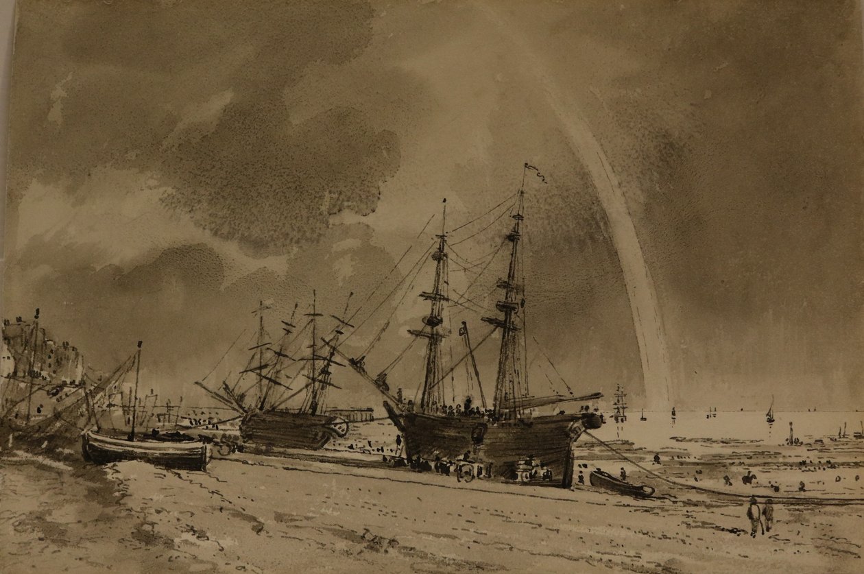 有彩虹的布莱顿海滩：科利尔卸货，约 1792 年（纸面水彩画） 作者 约翰·康斯特勃