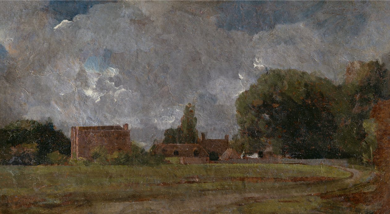 Golding Constable的房子，East Bergholt：艺术家的出生地，有村庄和树木的风景、 作者 约翰·康斯特勃