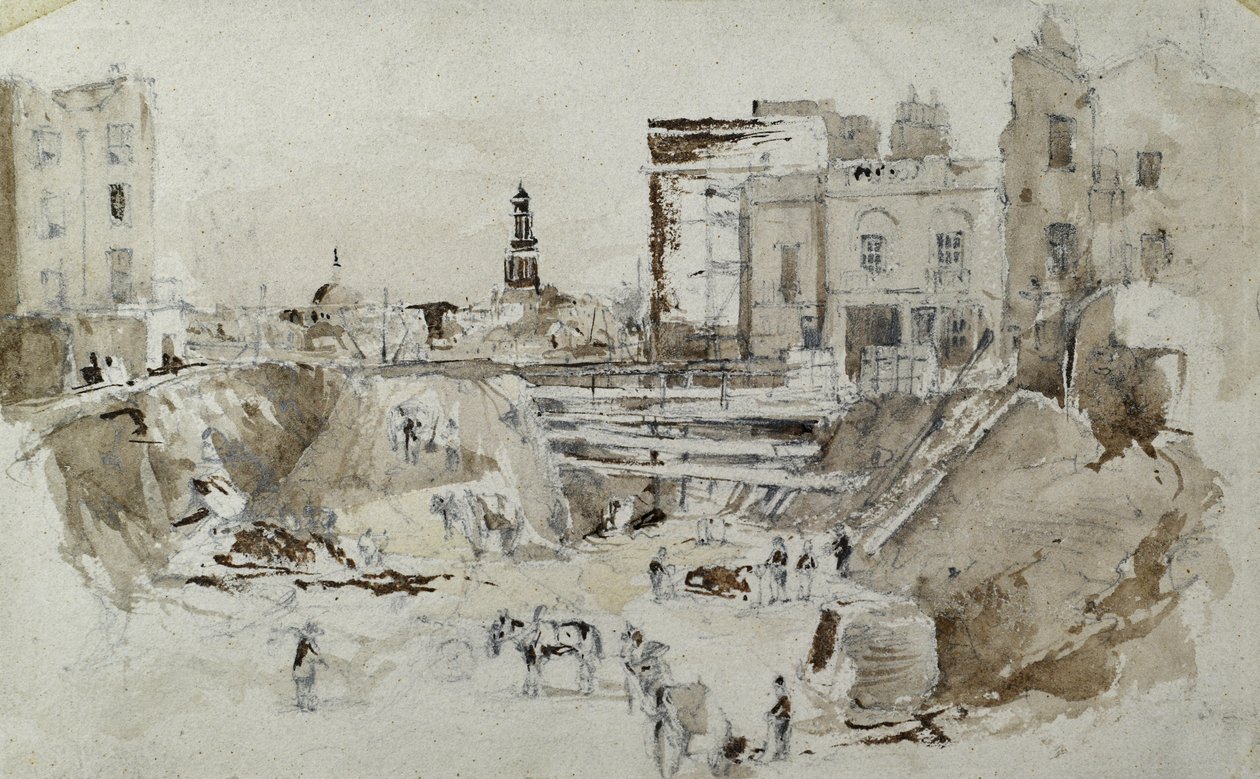 伦敦和伯明翰铁路建设，约 1835 年（纸上铅笔和水彩画） 作者 约翰·库克·伯恩