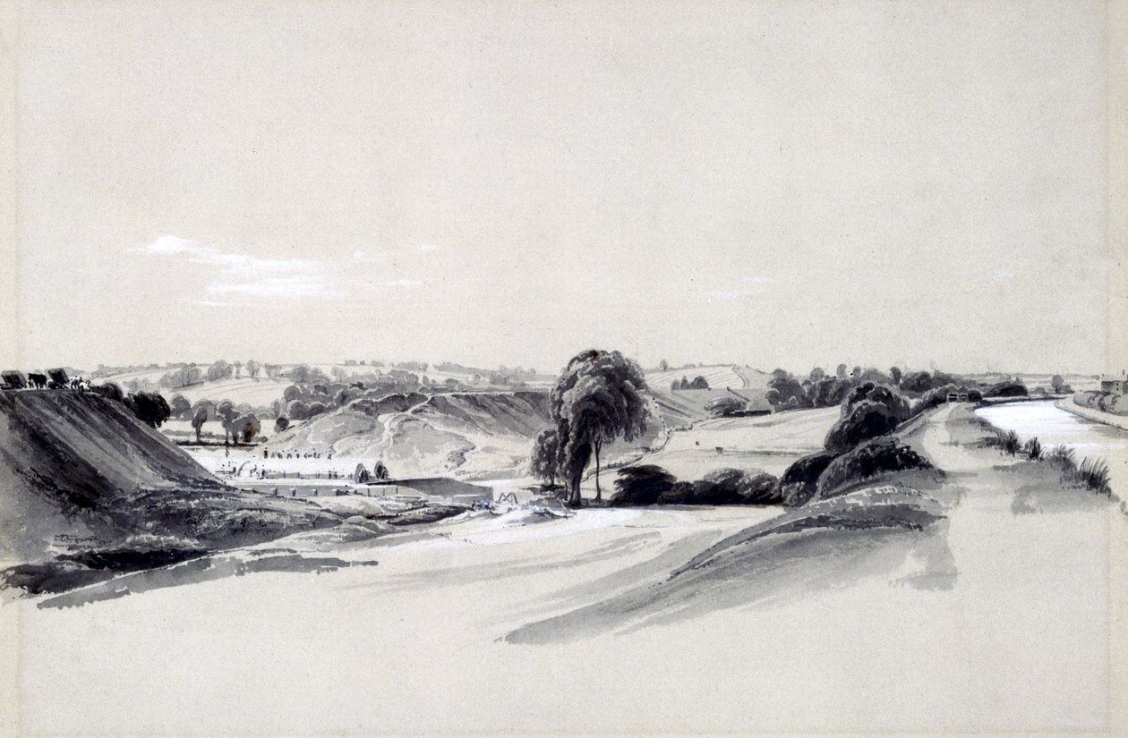 制作和堤防，Bugbrooke，1837年7月10日（笔和墨水在纸上洗） 作者 约翰·库克·伯恩