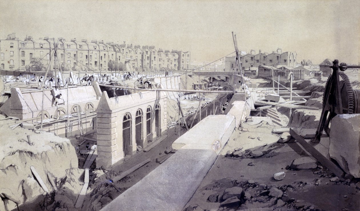 Mornington Crescent  - 正在建设中的线路，1836年9月（笔和墨水在纸上洗） 作者 约翰·库克·伯恩