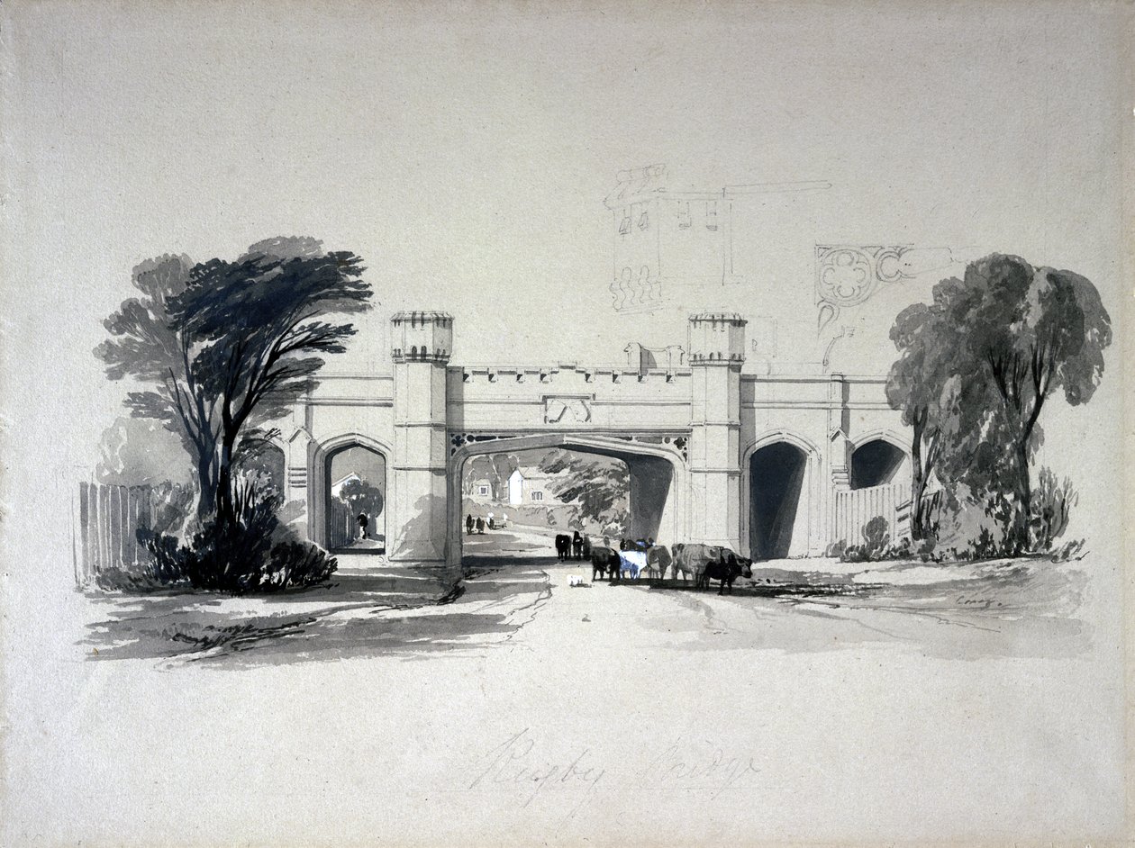 1839年4月，从沃里克郡的道路上看到的橄榄球铁路桥梁（笔和墨水在纸上洗） 作者 约翰·库克·伯恩