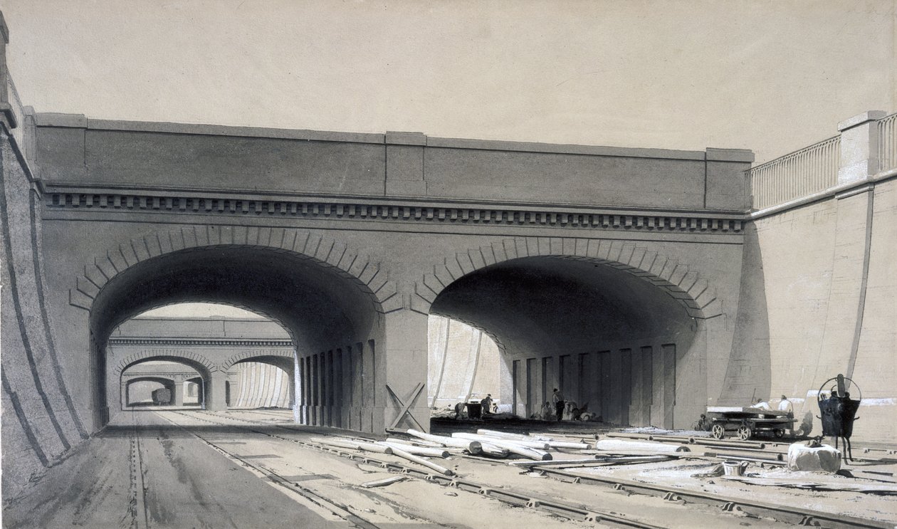 查看Euston Station附近的三座天桥，1837年9月（笔和墨水在纸上洗） 作者 约翰·库克·伯恩