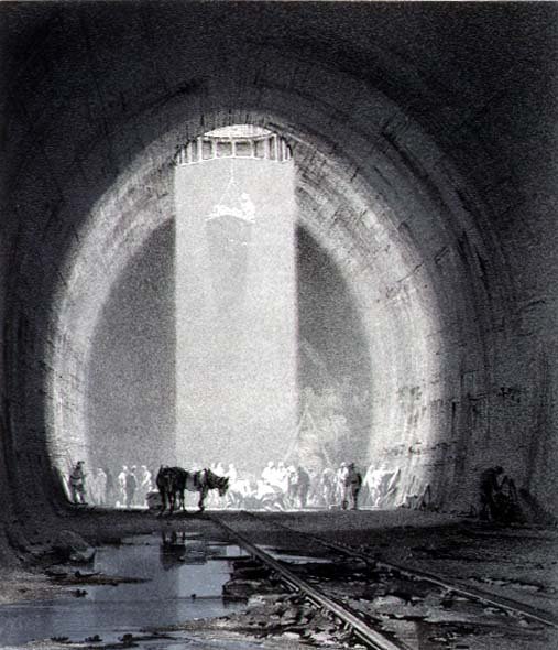 工作井，基尔斯比隧道，1837年7月8日，由艺术家刻制。 作者 约翰·库克·伯恩