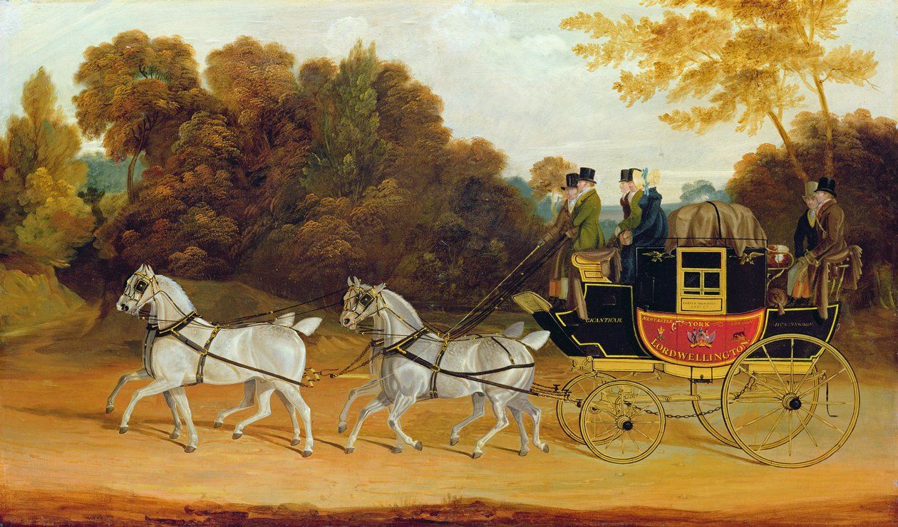 惠灵顿马车"（纽卡斯尔-约克-伦敦邮报），约 1818 年（木板油画） 作者 约翰·科德雷