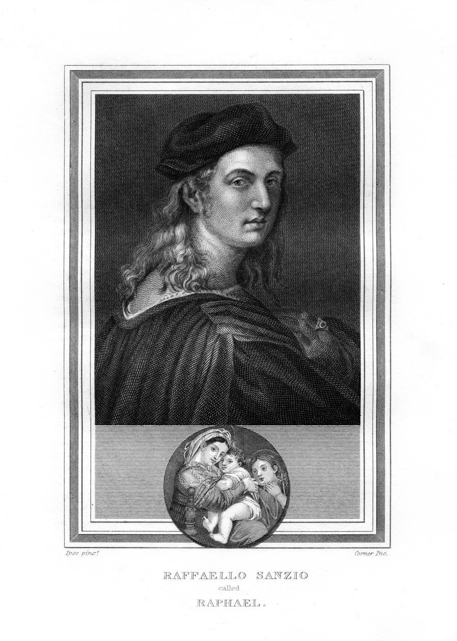 拉斐尔（Raphael）或拉斐尔（Raffaello），佛罗伦萨画派的首席画家和建筑师，1825年。 作者 约翰·科纳