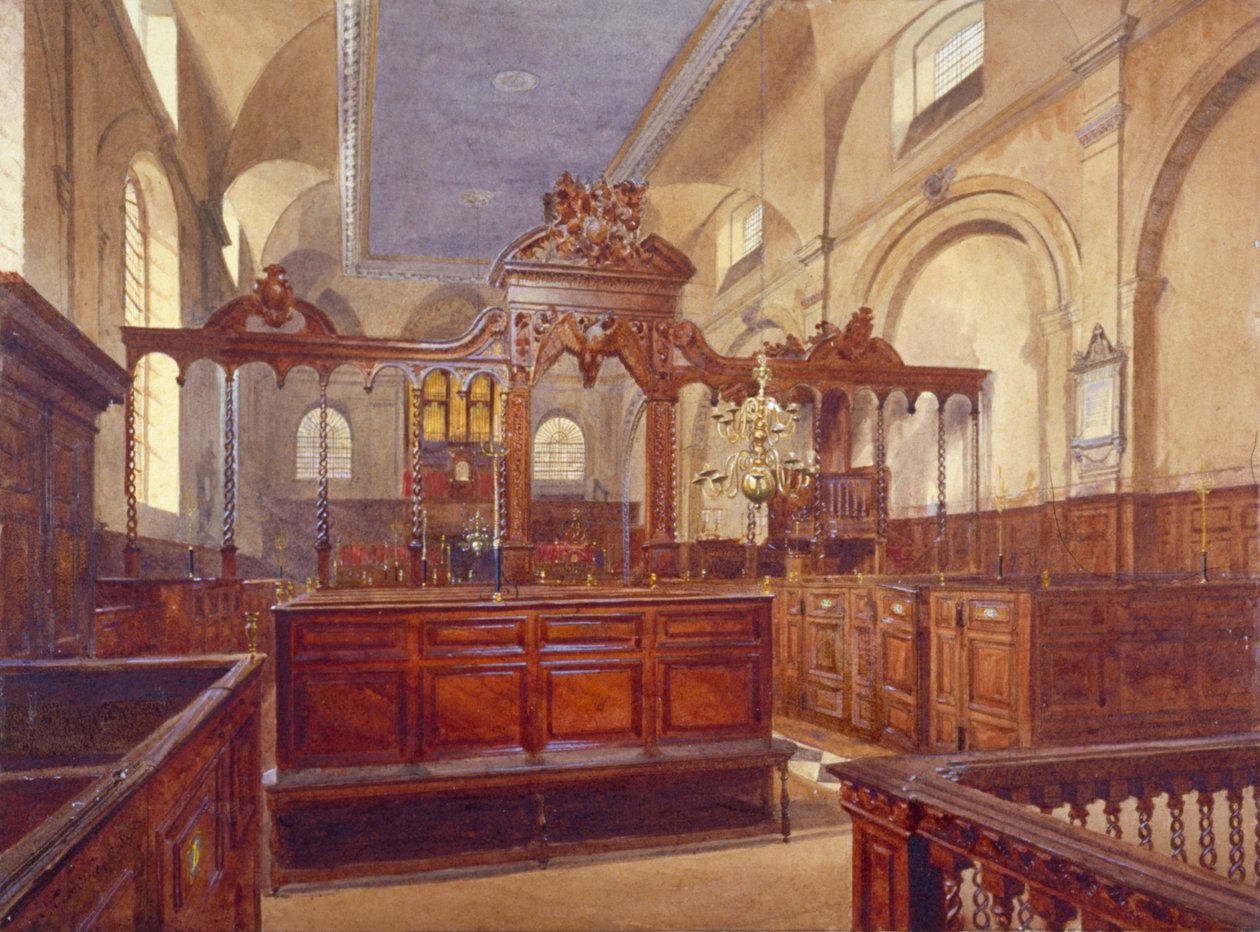 伦敦市All Hallows the Great教堂的内部，1884年。         作者 约翰·克劳瑟