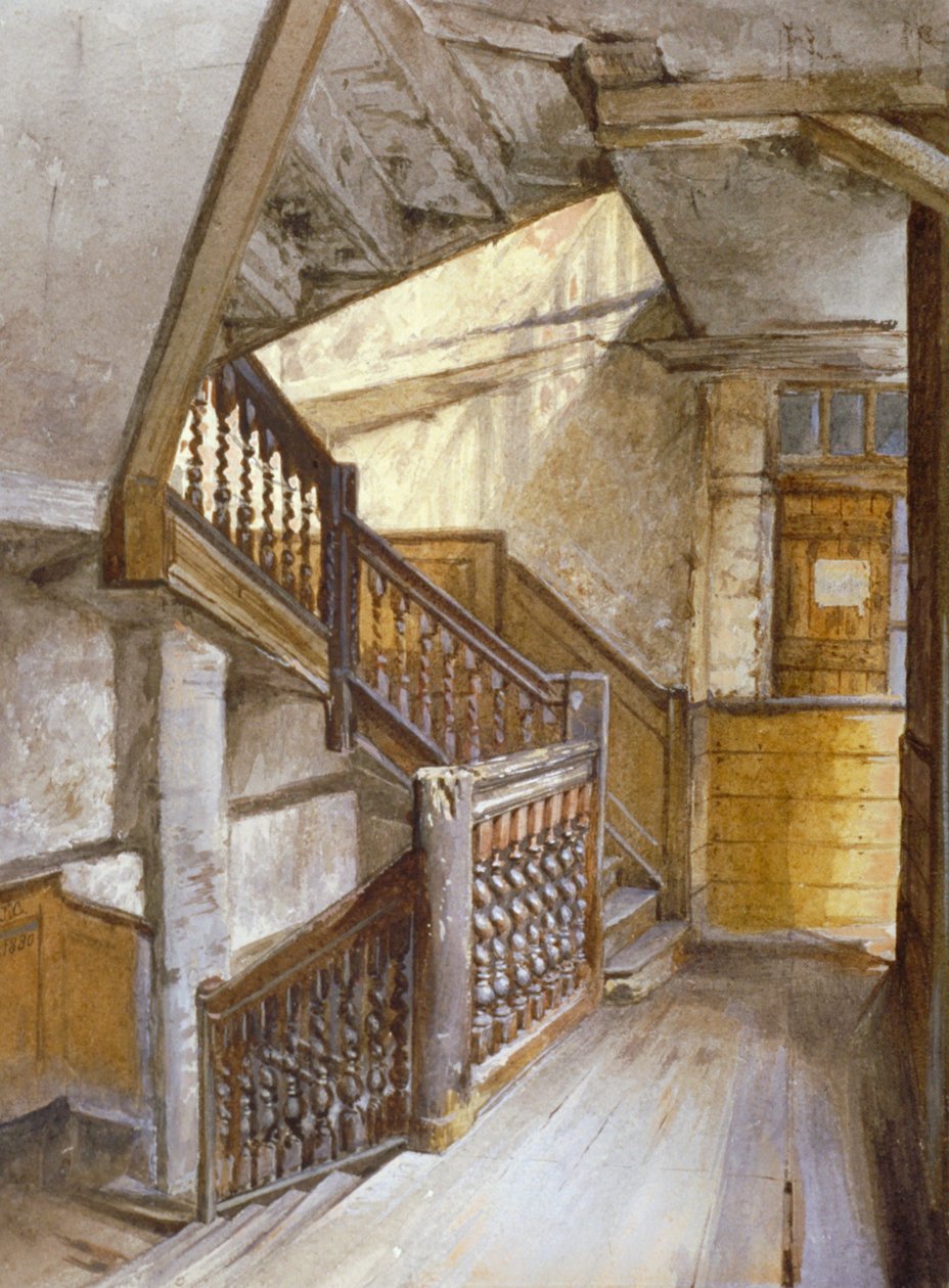 伦敦威斯敏斯特白狮阁一栋房子的楼梯内景，1880年 作者 约翰·克劳瑟