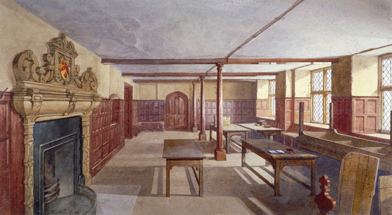 伦敦Charterhouse的男生餐厅内景，1885年。                                 作者 约翰·克劳瑟
