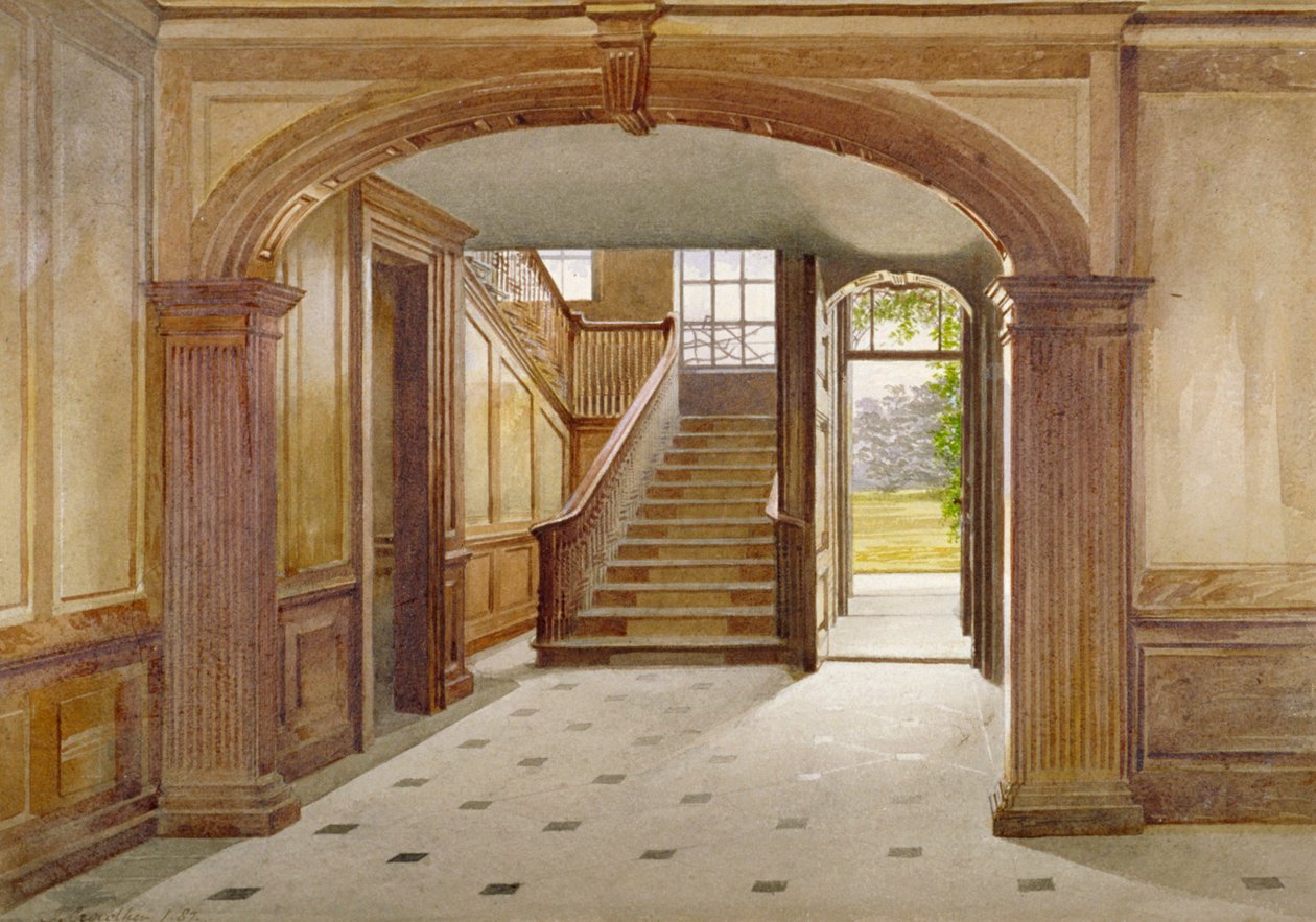 显示伦敦普特尼高街费尔法克斯大厦楼梯的内景，1887年 作者 约翰·克劳瑟