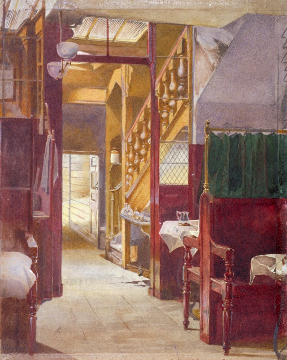 显示伦敦市弗利特街公鸡酒馆楼梯的内景，1881年 作者 约翰·克劳瑟