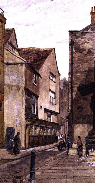 国王街：靠近Aldgate，1884年3月（水彩画）。 作者 约翰·克劳瑟