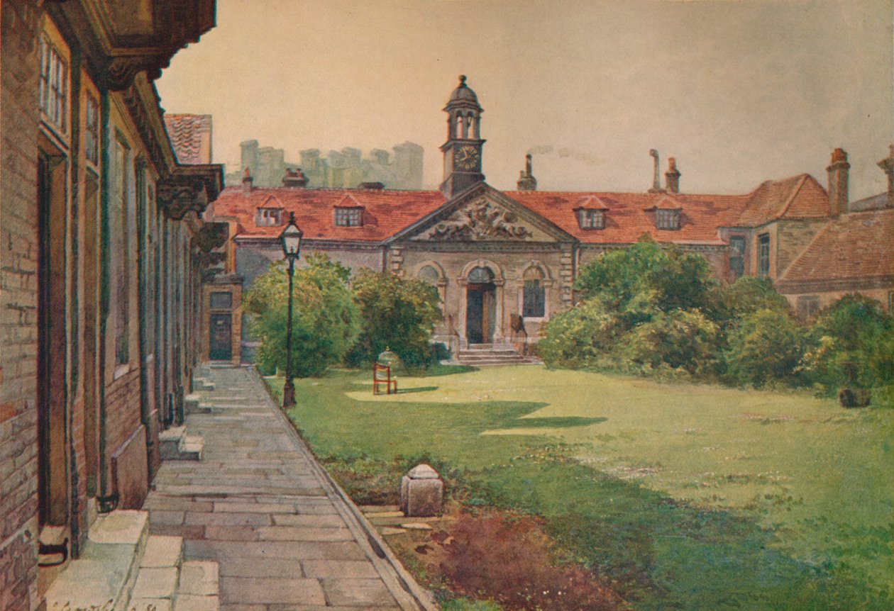 Lady DAcres Almshouses别墅，花园前，c1880 1926年 作者 约翰·克劳瑟