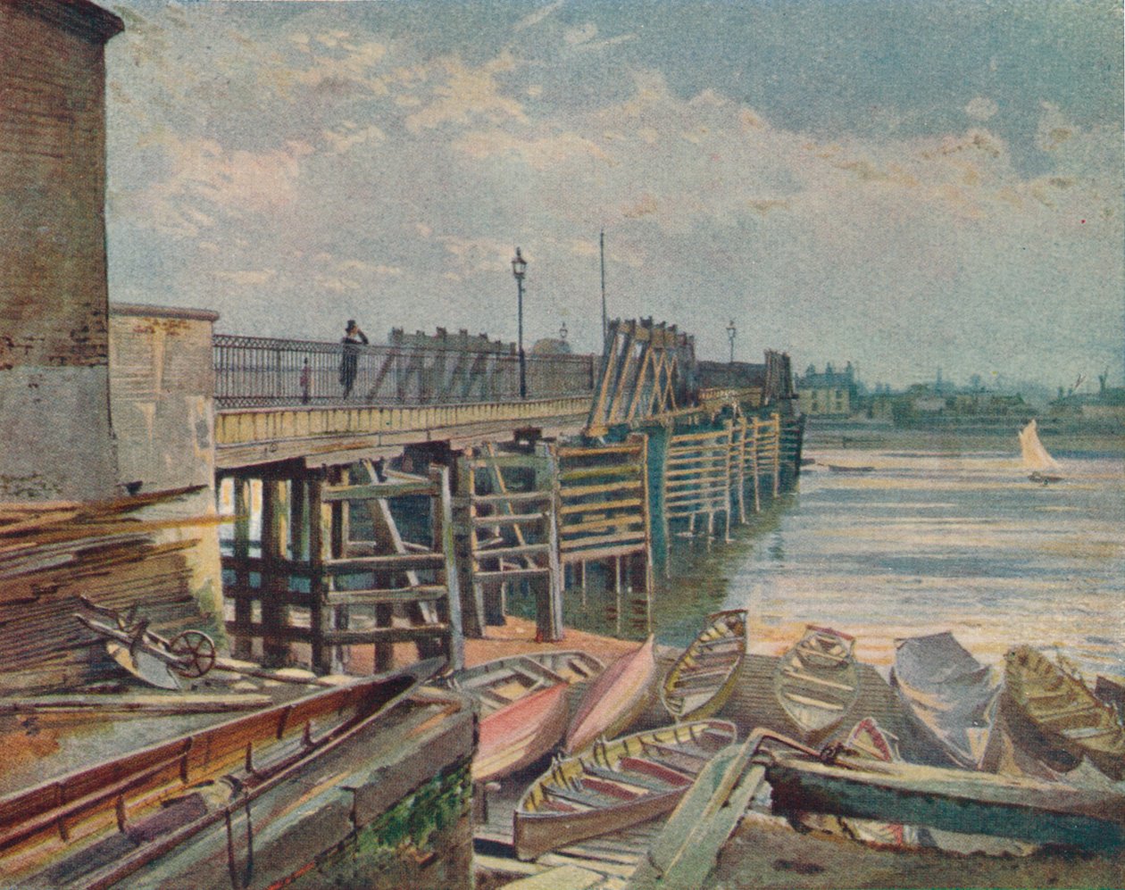 旧的巴特西桥，从北岸，横跨泰晤士河，伦敦，1885年，1926年 作者 约翰·克劳瑟