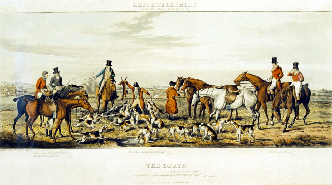 亨利-阿尔肯（1785-1851）1825年雕刻的《死亡，莱斯特郡》（The Death, The Leicestershires）（彩色雕刻）。 作者 约翰·迪恩（后）保罗