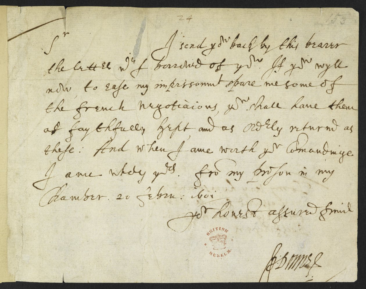Cotton Julius C. III, f.153 1601 年 2 月 20 日约翰-多恩在狱中写给罗伯特-科顿爵士的亲笔信（纸上墨迹） 作者 约翰·多恩