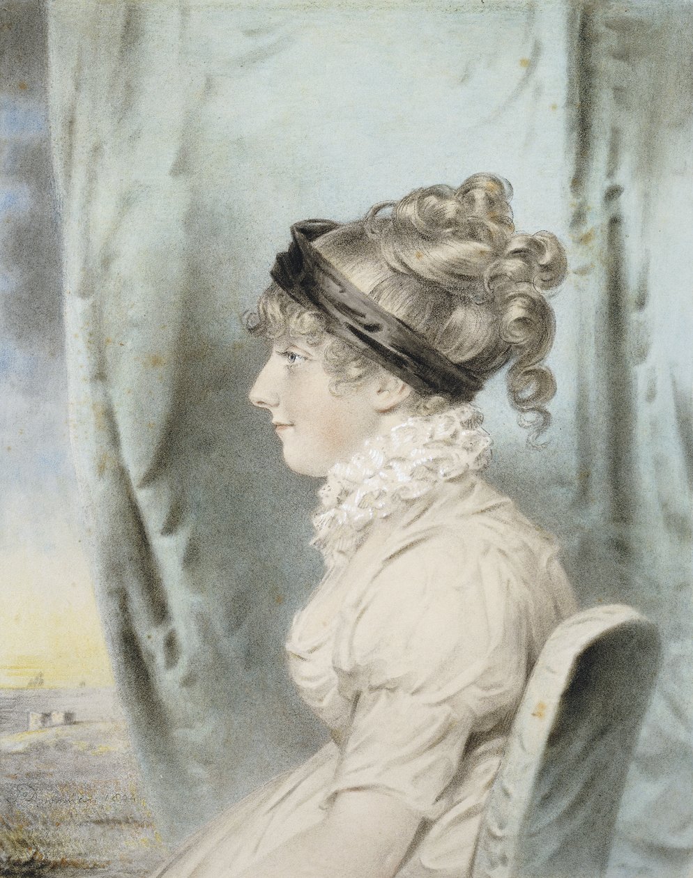 一位女士的画像，被标识为伊丽莎·霍尔德沃斯（Eliza Were Holdsworth），坐着，半身，在左边，穿着白色连衣裙，戴着黑发箍，在窗帘旁，沿海景色，1804年 作者 约翰·道曼