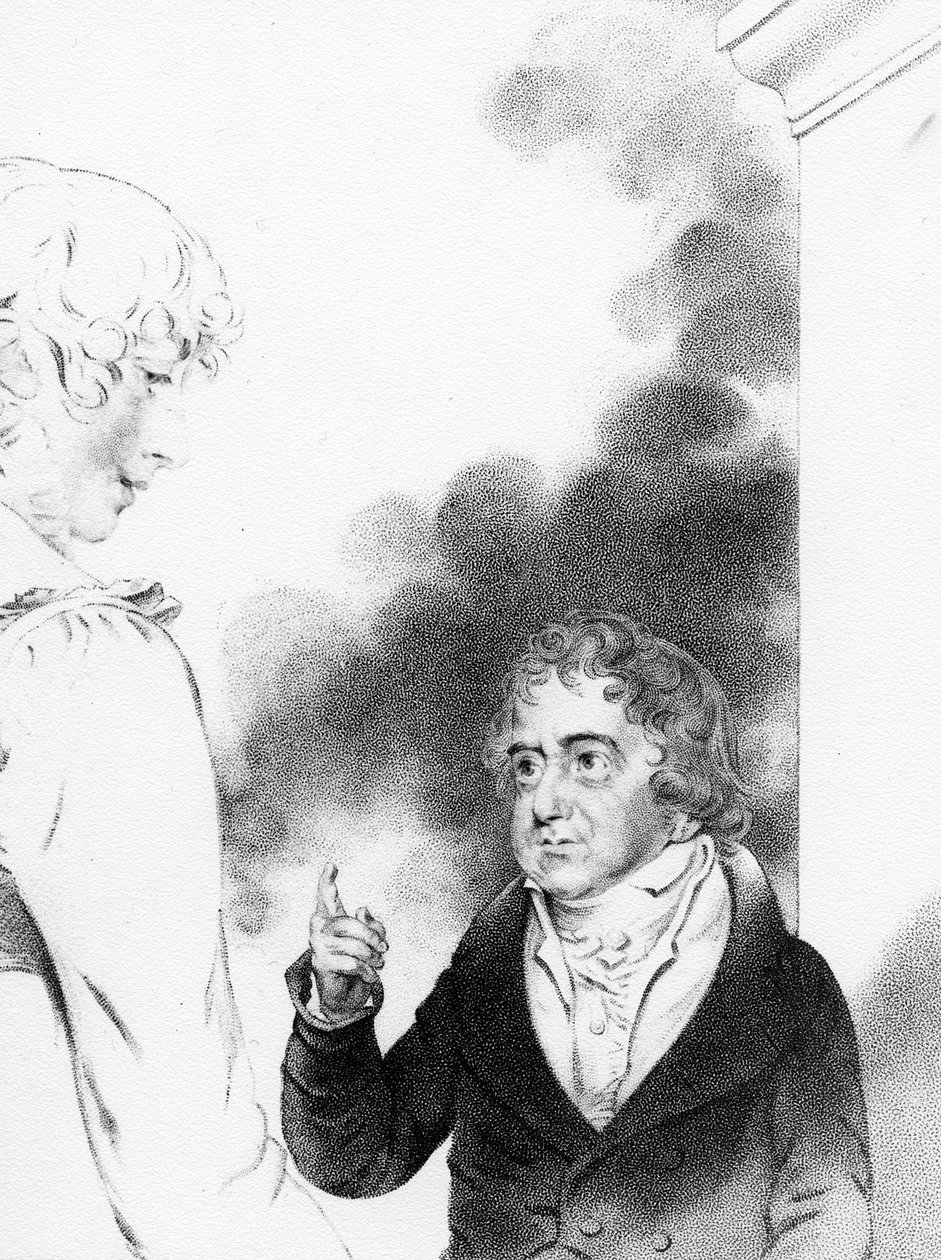 Jozef Boruwlaski伯爵与艺术家的女儿Isabella Chloe Downman一起，由William Thomas Fry刻，1821年 作者 约翰·唐曼