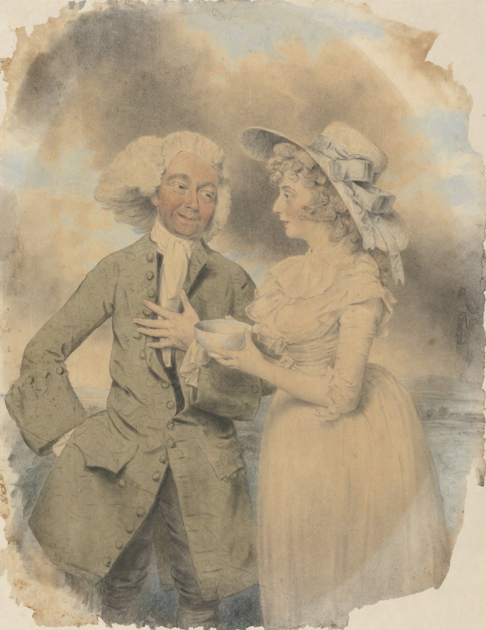 John Edwin和Wells夫人作为Lingo和Cowslip在1787年的令人愉快的惊喜中（wc和身体颜色和黑色粉笔在纸上） 作者 约翰·唐曼