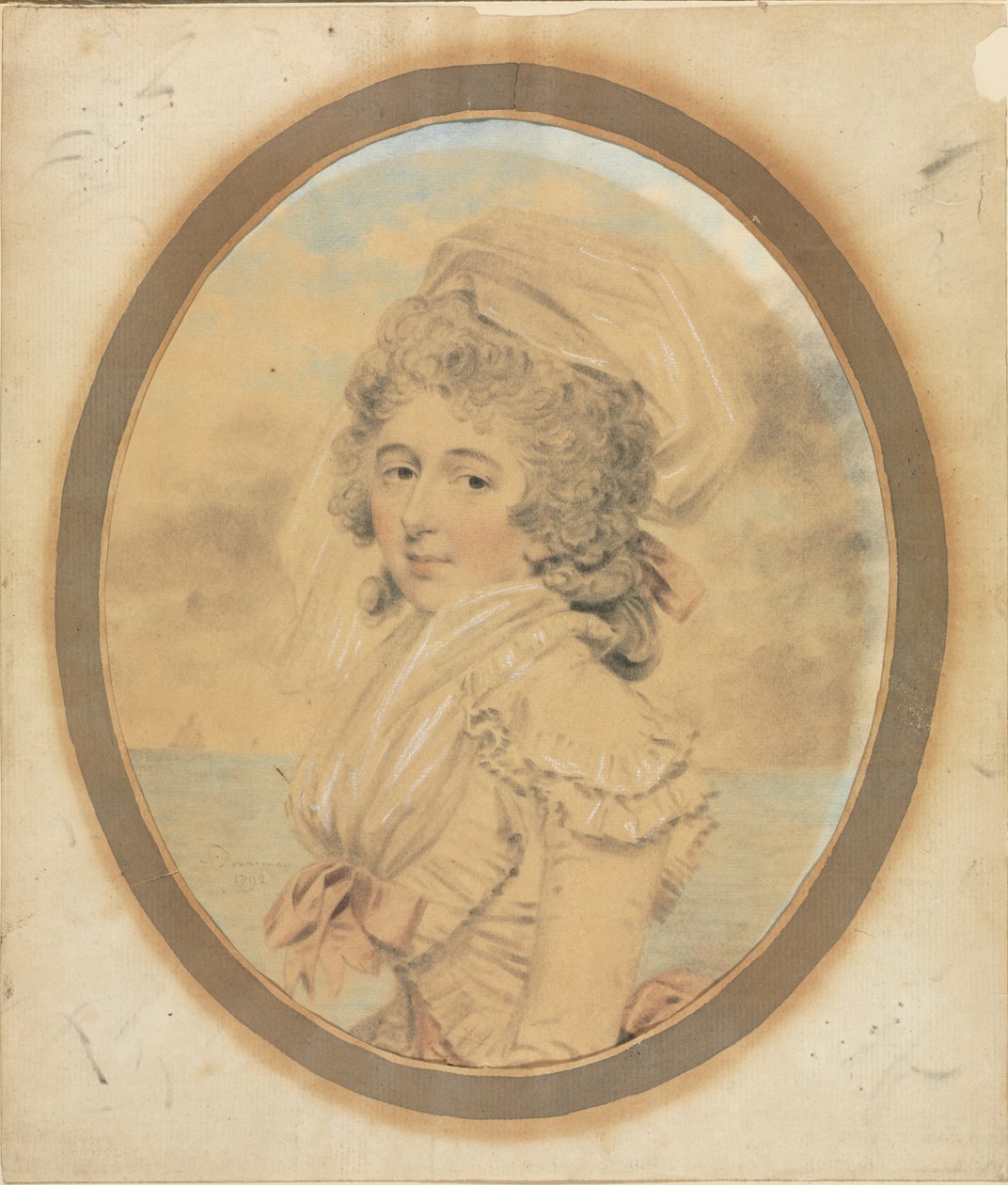 1792年，蝴蝶结上的粉红色蝴蝶结的年轻女士。 作者 约翰·唐曼