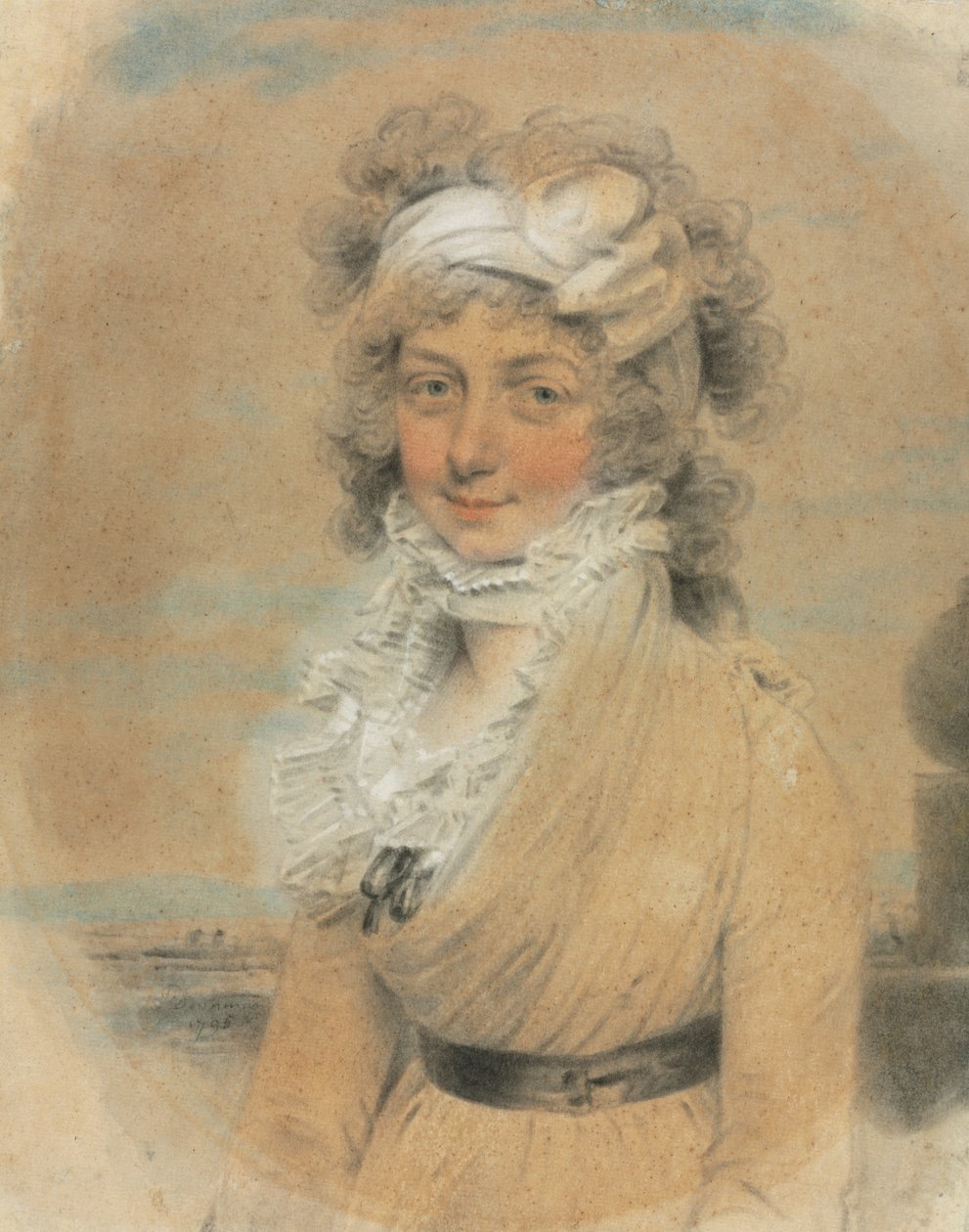戴白色蝴蝶结的年轻女士，1795年。 作者 约翰·唐曼