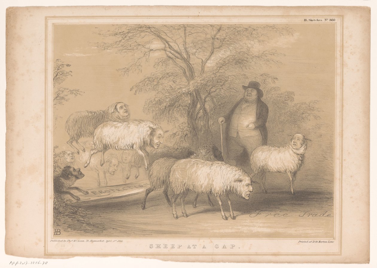 Spotprent met Britse schapen
缺口处的绵羊（物上标题）
HB 素描（物体上的系列标题） 作者 约翰·道尔