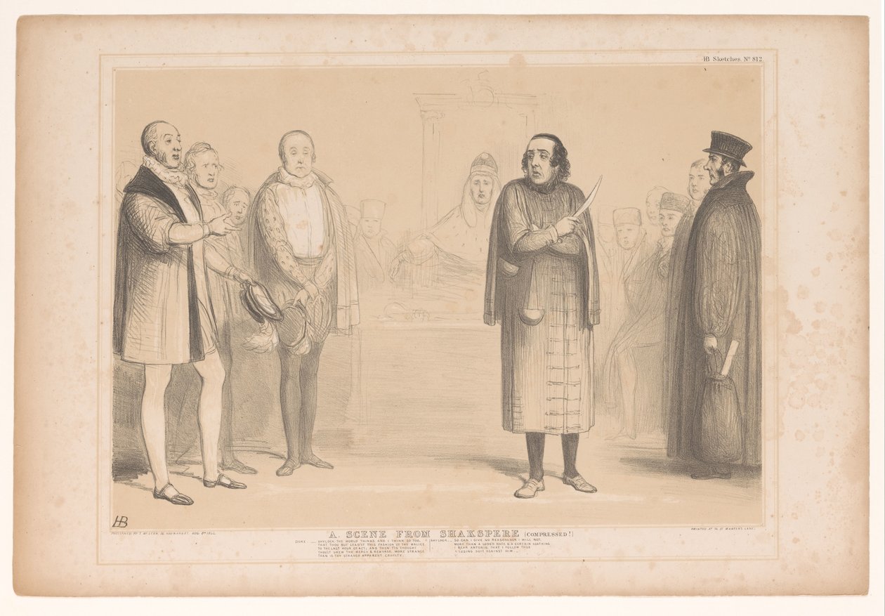 Spotprent met Disraeli als Shylock
沙克斯佩尔的一个场景（压缩！）（物品上的标题）
HB 素描（物件上的系列标题） 作者 约翰·道尔