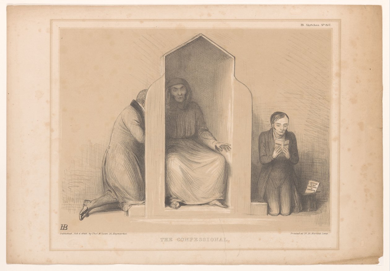 Spotprent met Roebuck als biechtvader
忏悔室（物品上的标题）
HB 素描（物品上的系列名称） 作者 约翰·道尔