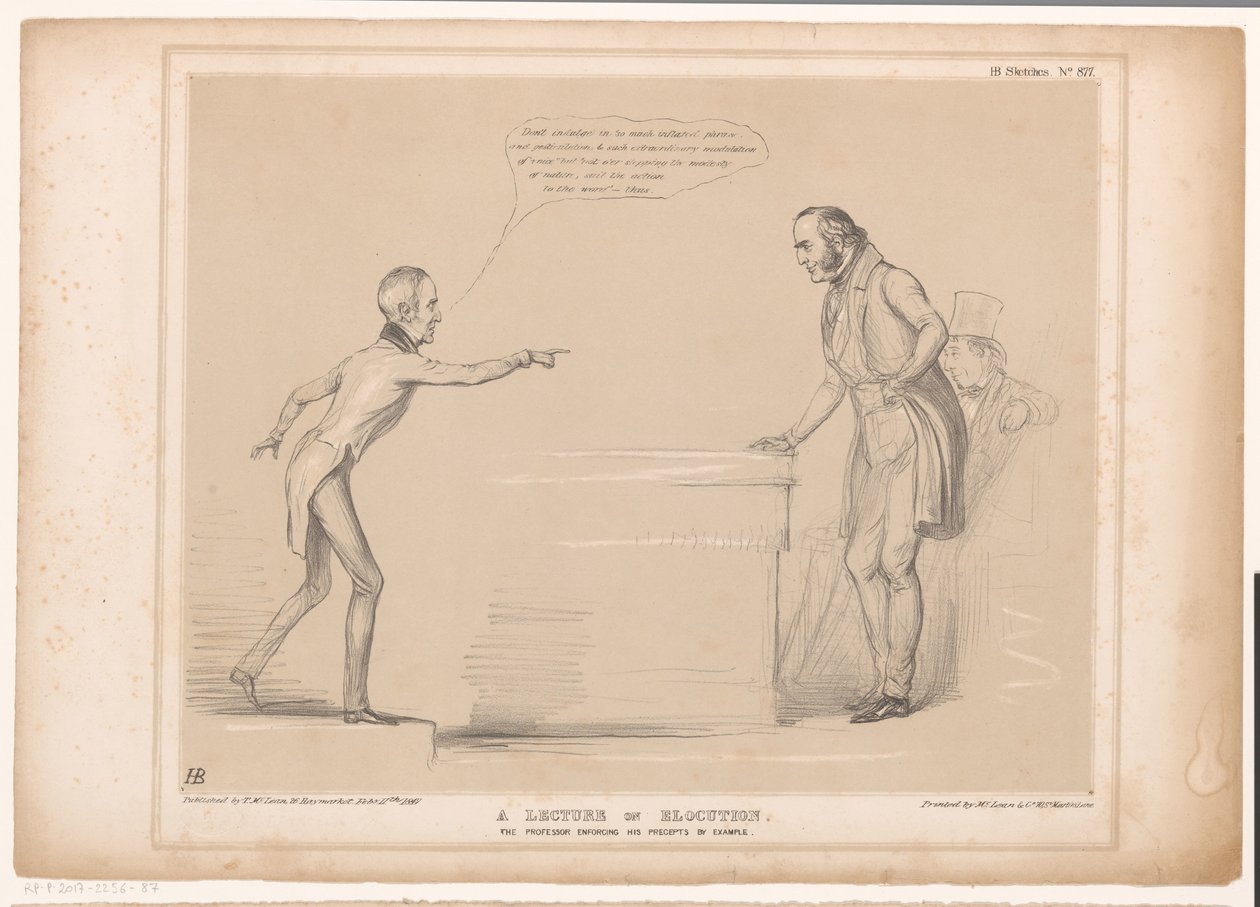 Spotprent met Roebuck en Lord Bentinck
口才讲座。教授言传身教（标题见实物）
HB 素描（实物上的系列标题） 作者 约翰·道尔