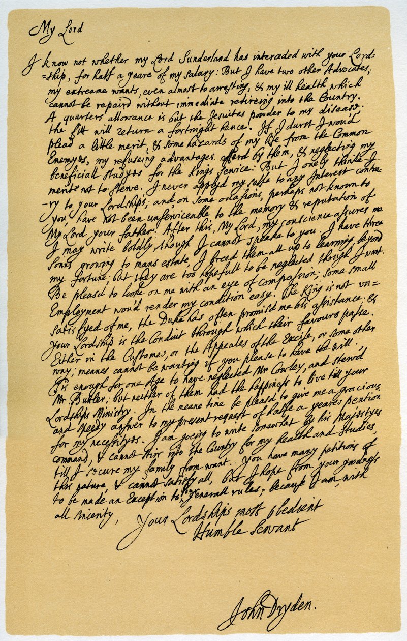约翰·德莱顿（John Dryden）给劳伦斯·海德（Laurence Hyde）的信，c1682-1683。 作者 约翰·德莱顿