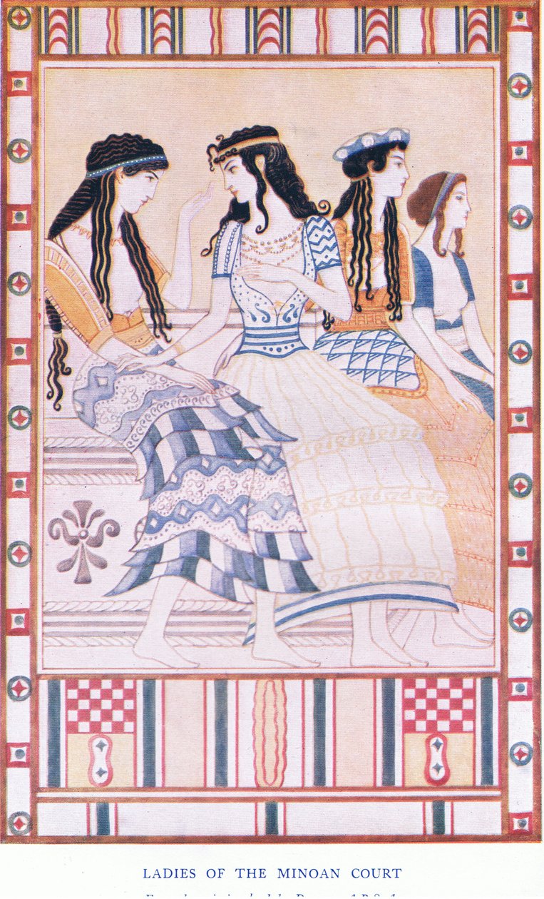 米诺斯宫廷的女士们，来自克里特岛和前希腊欧洲的神话的插图，由格雷沙姆出版有限公司于1920年出版（彩色平印）。 作者 约翰邓肯