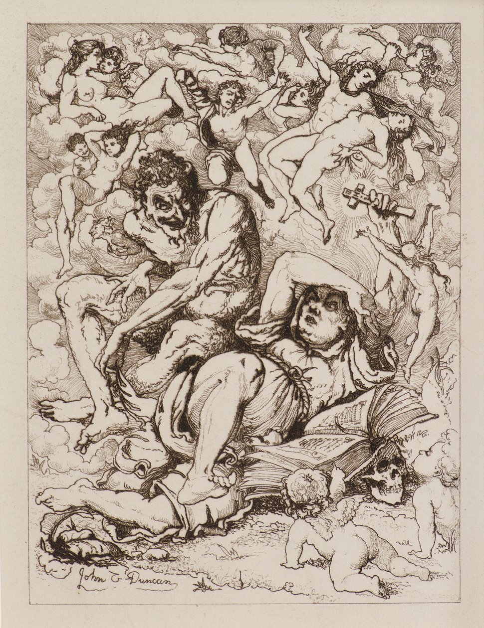 Reclining Figure Holding Cross, the Devil Sitting nearby Surrounded by Floating Figures (etching) 作者 约翰邓肯