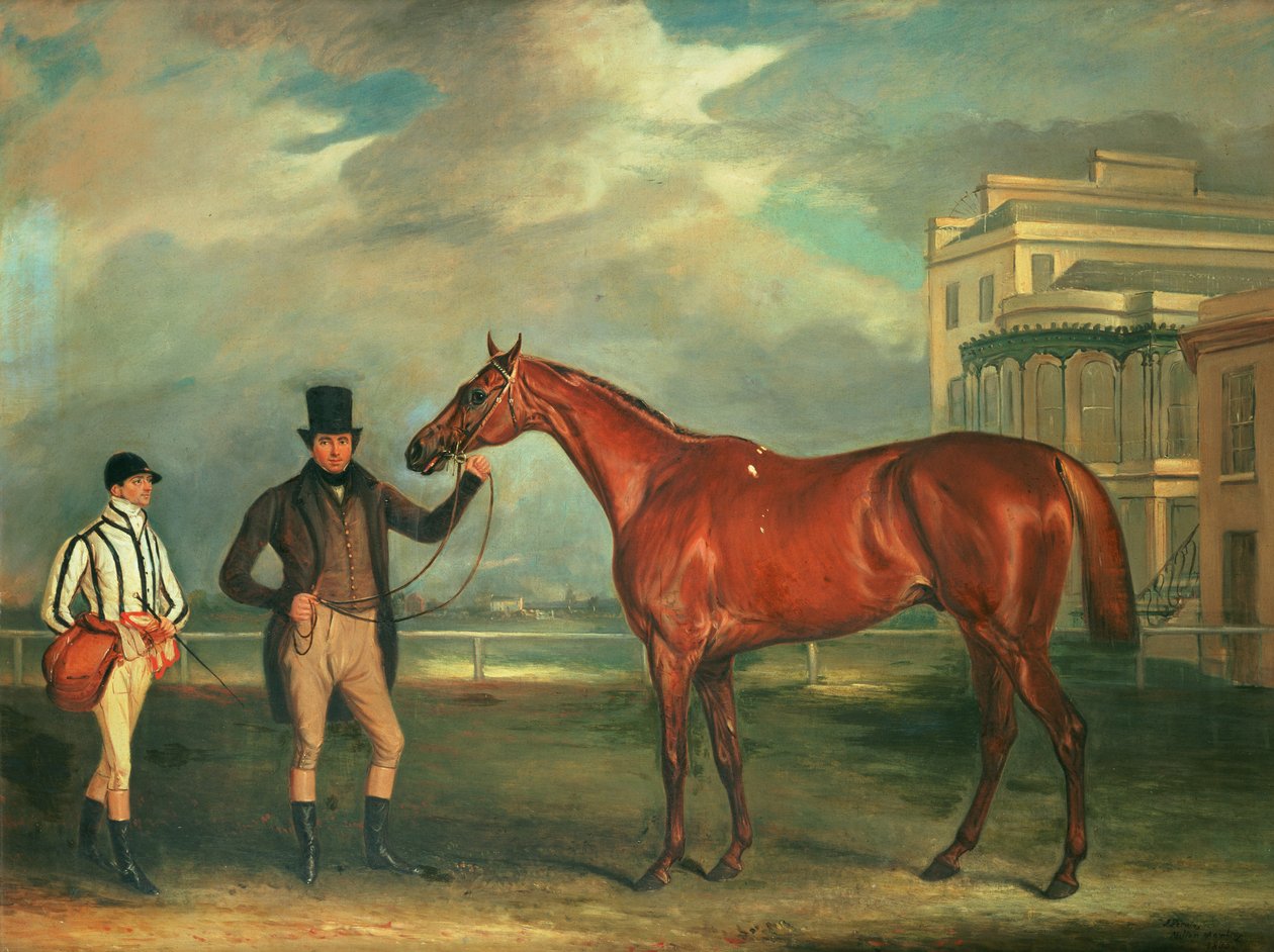 Chasse将军，一名栗色赛马，由他的教练紧握着，骑师J. Holmes站在Aintree赛马场上，1835年 作者 约翰·费内利
