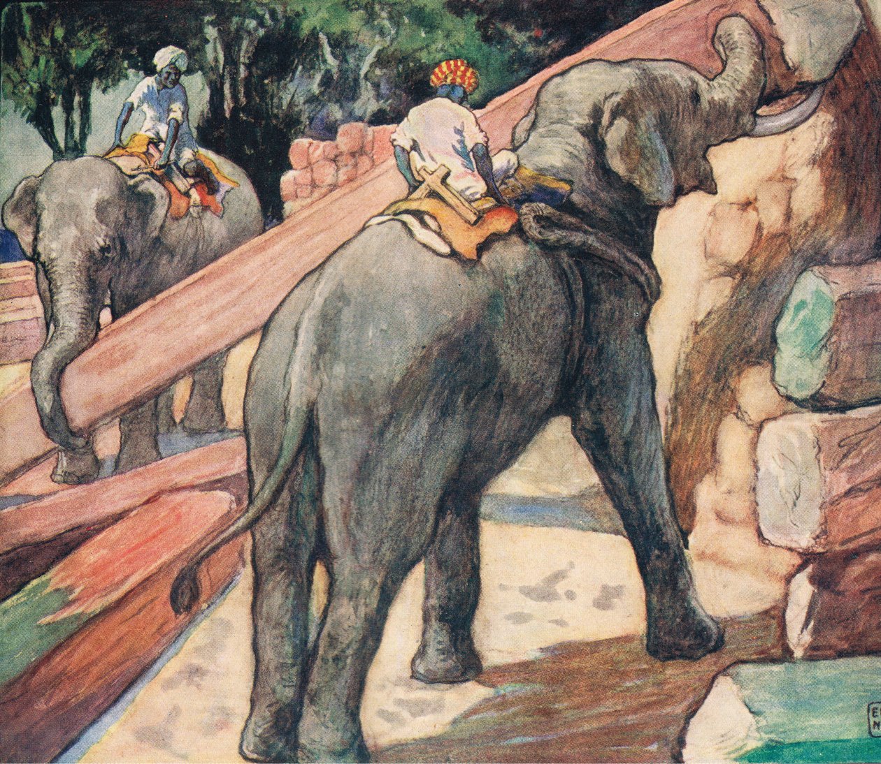 大象搬运原木，插图选自格拉迪丝-戴维森的《无手帮手》，1919 年出版（彩色石版印刷）。 作者 约翰·埃德温·诺布尔
