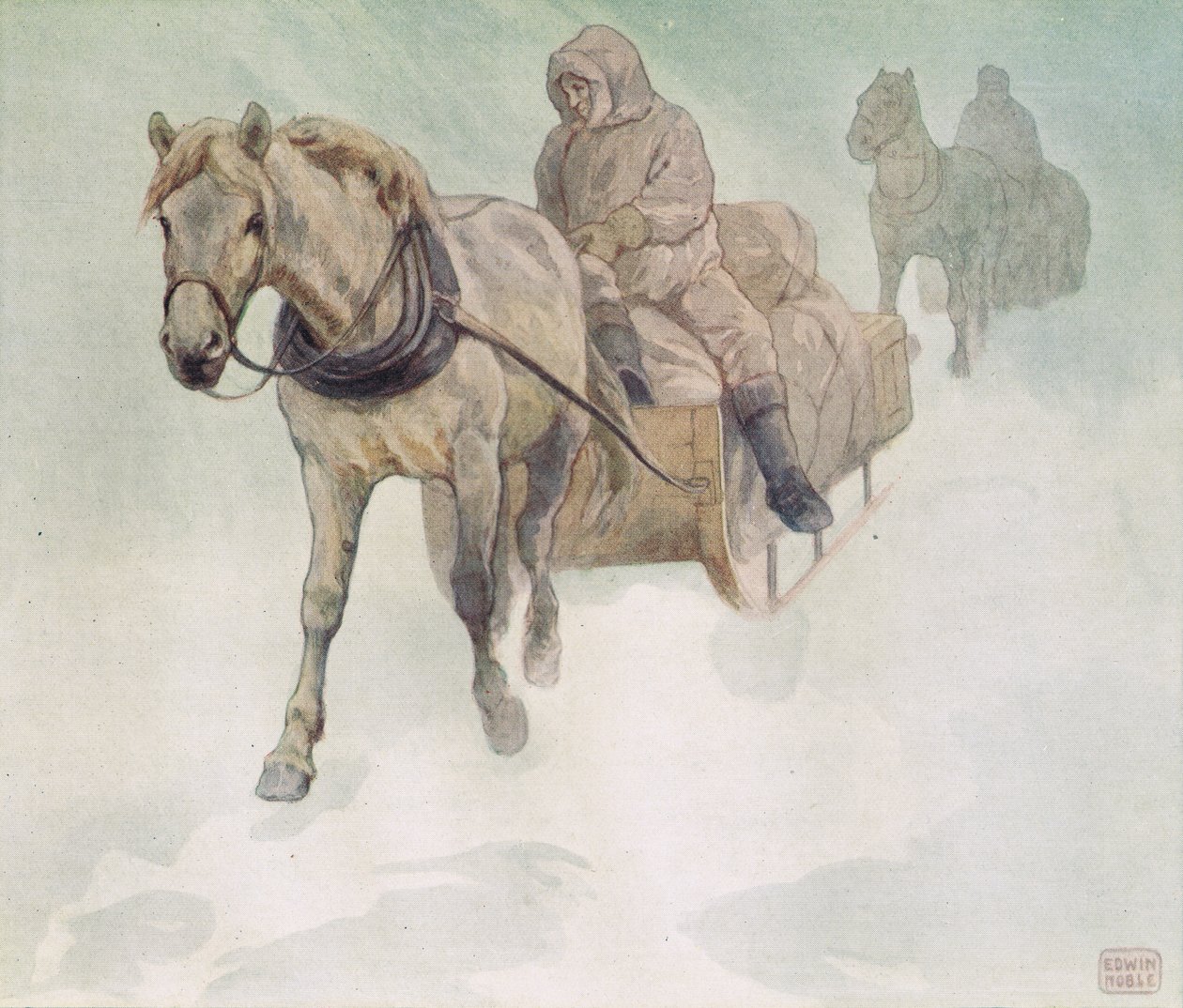 马拉雪橇，格拉迪斯·戴维森 (Gladys Davidson) 的《Helpers Without Hands》插图，1919 年出版（彩色平版印刷） 作者 约翰·埃德温·诺布尔