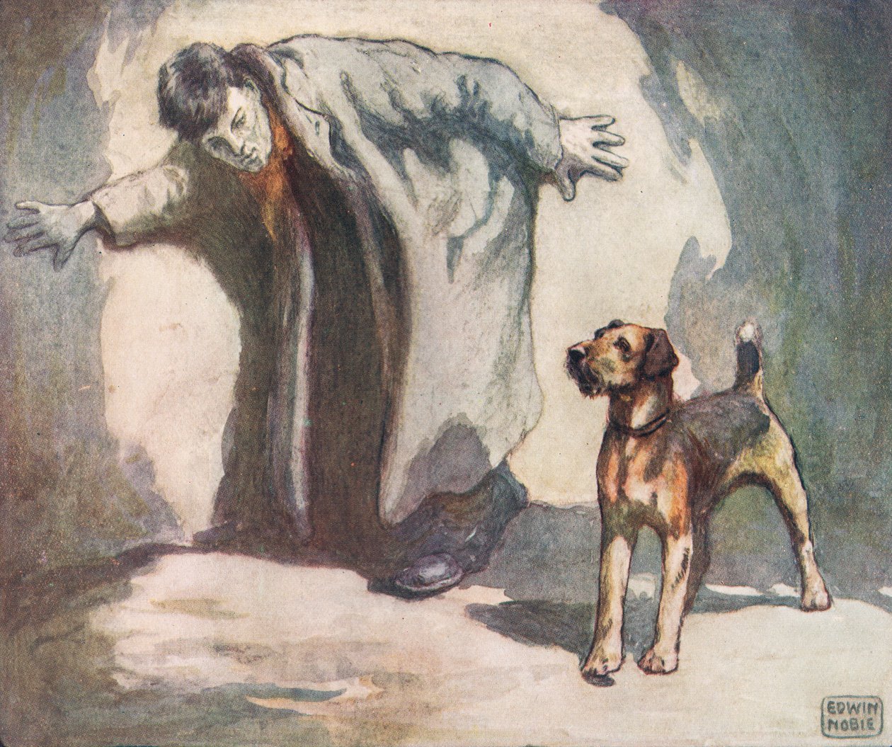 工作中的警犬，插图选自 Gladys Davidson 所著的《无助的人们》，1919 年出版（彩色石版印刷）。 作者 约翰·埃德温·诺布尔