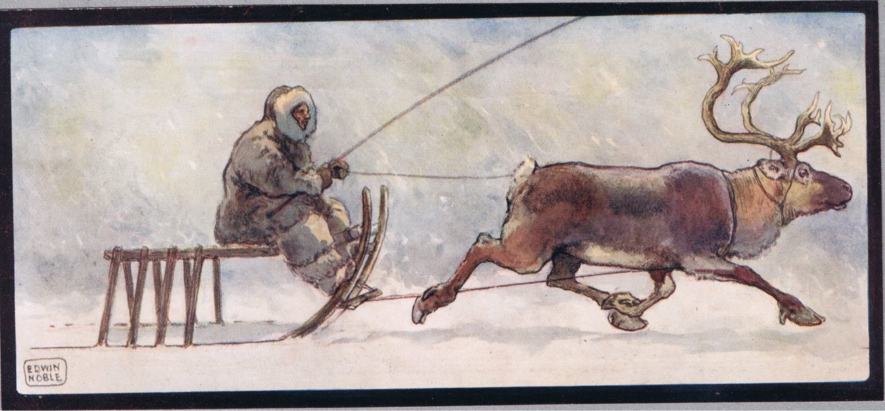 驯鹿和雪橇，插图选自格拉迪斯-戴维森 1919 年出版的《没有手的帮手》（彩色石版印刷）。 作者 约翰·埃德温·诺布尔