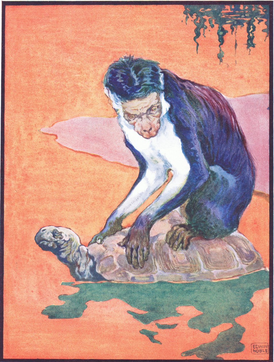 “猴子立刻变得可疑”，插图来自“乌龟和猴子”，由 Raphael Tuck & Sons Ltd. 出版（彩色平版印刷） 作者 约翰·埃德温·诺布尔