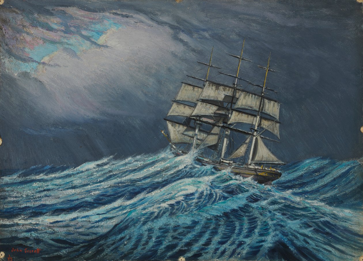 一艘帆船，19 世纪晚期 - 20 世纪中期（卡片油画） 作者 约翰·埃弗里特